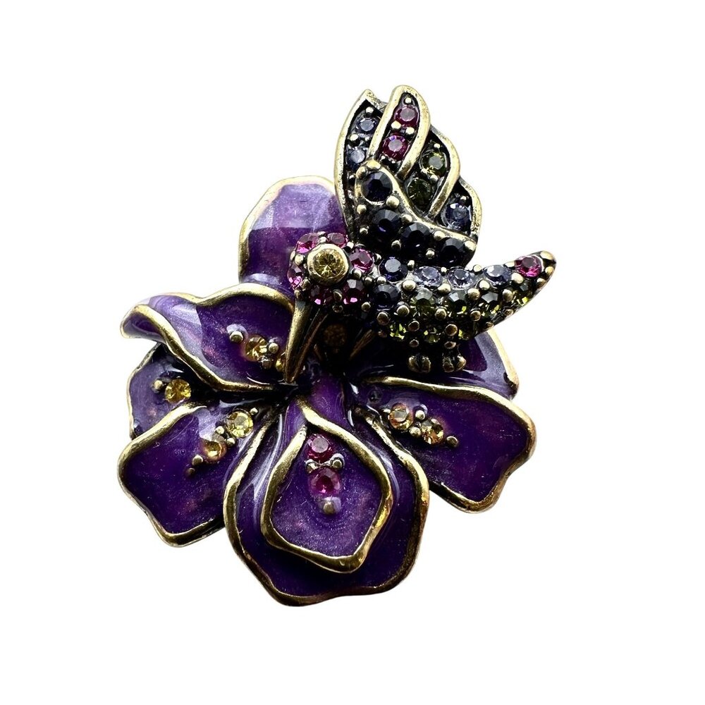 Heidi Daus Purple Crystal Humming Bird Flower Bronze Ring Size 6